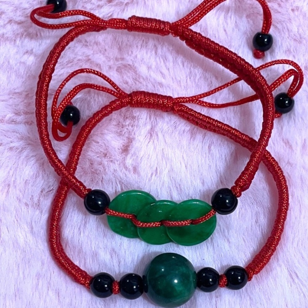 2 Natural Jade Jadeite Lucky Green Circle & Peace Buckle Red String Bracelet